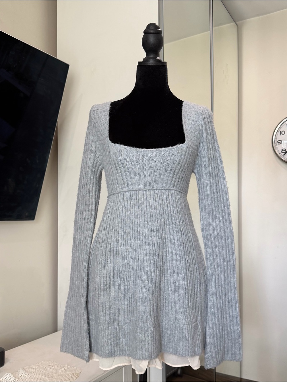 Kimchi Blue Soft Knit Square Neck Mini Dress Gray Long Sleeve